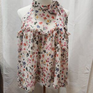 Zara Cold shoulder floral long sleeve tie neck blouse top